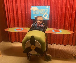 Young boy sitting in a toy plane pictured dressed as Grandpa's Great Escape, David Walliams - World Book Day costume_Ingfield Manor School_Nicola Dodds