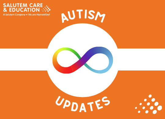 Orange graphic with text Autism updates and autism ribbon